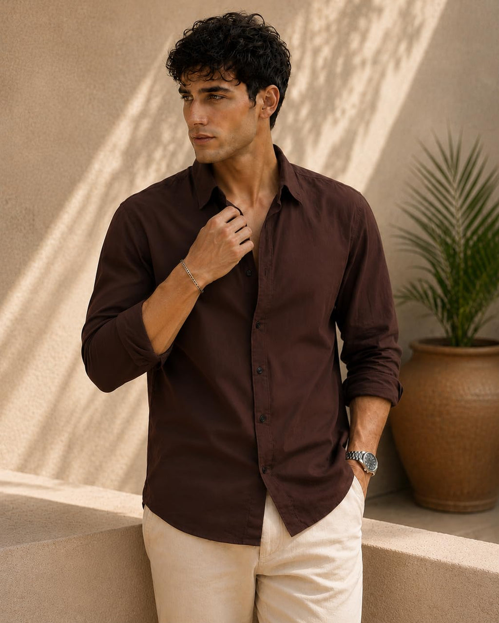 Zilcon Men's Coffee Cotton Shirt