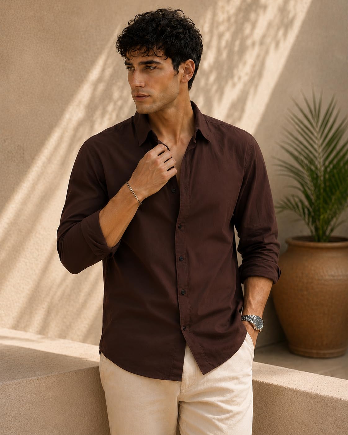 Zilcon Men's Coffee Cotton Shirt