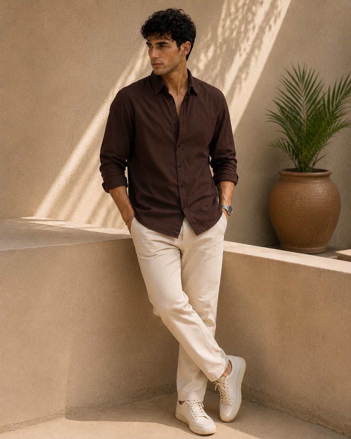Zilcon Men's Coffee Cotton Shirt